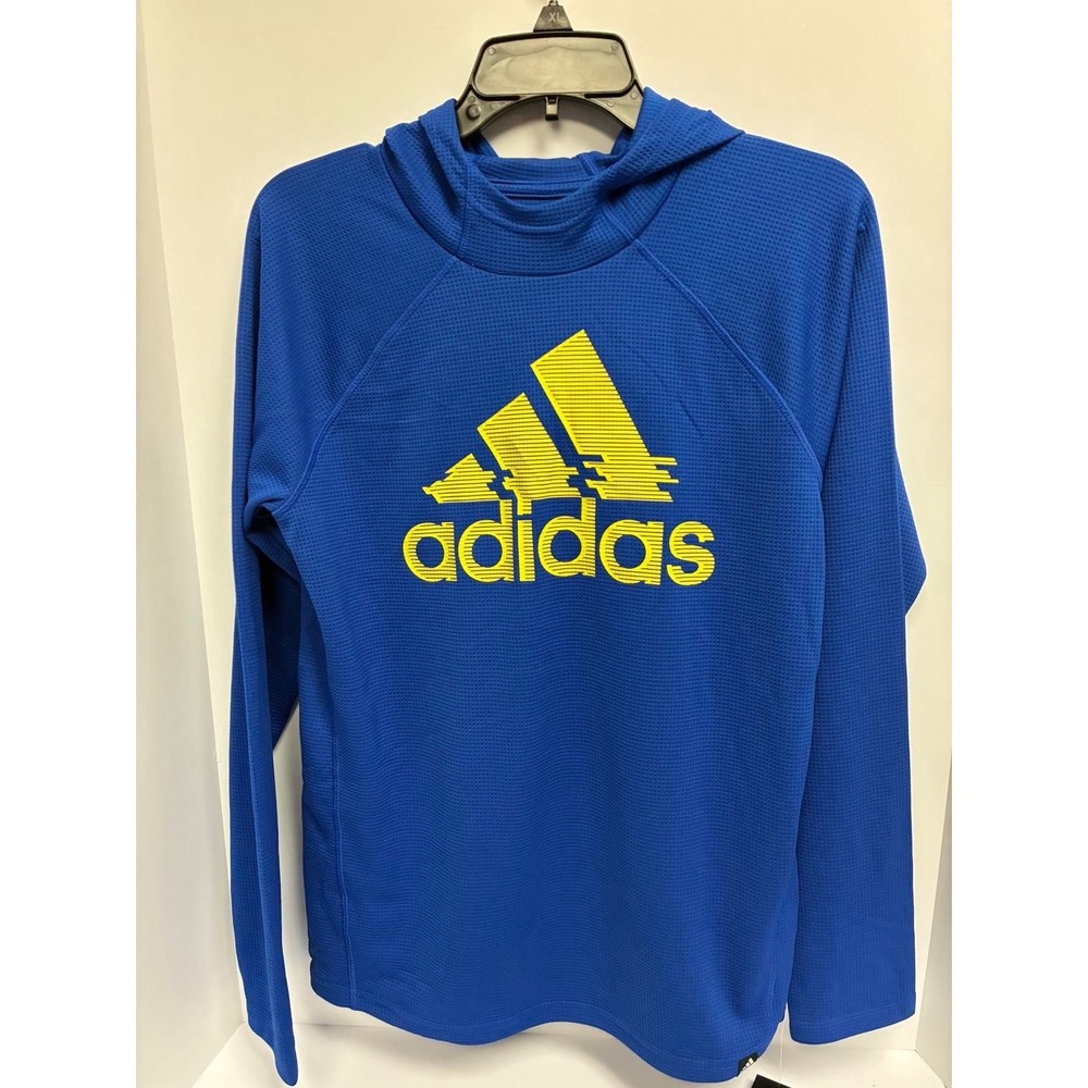 B18-Adidas Boys Blue Pullover L/S Hooded‎ Shirt Sz M  Blue Yellow Blue Warriors